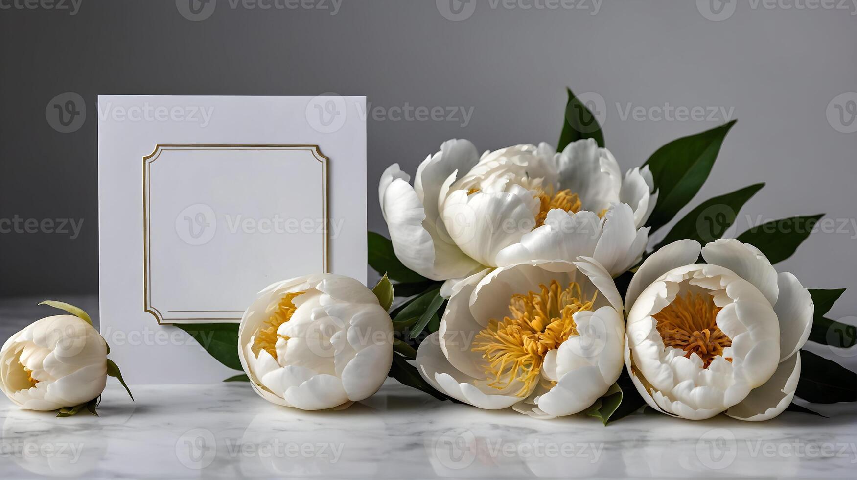 Wedding invitation mockup with white peonies, blank sheet of paper with copy space photo