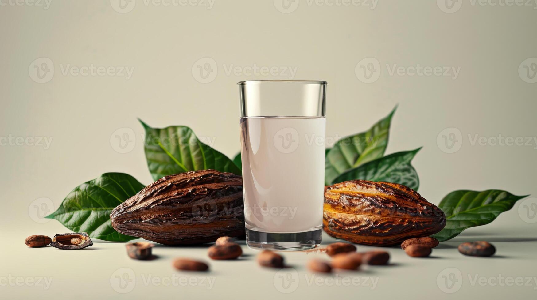 Fresh cacao water in glass, cacao pods and leaves with cocoa beans background. Healthy natural beverage photo