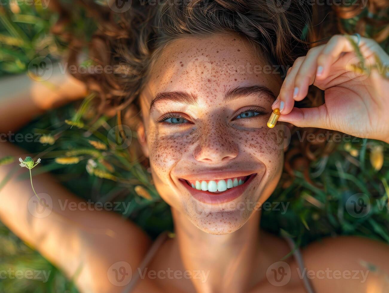 Closeup portrait of happy young woman with vitamin pill lying on the meadow grass. Health lifestyle, Skincare photo