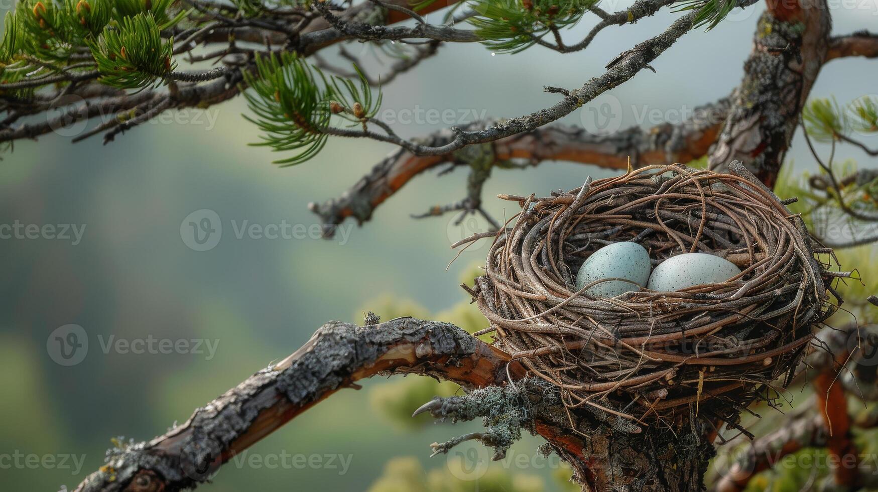 A nest with two eggs on tree branch photo