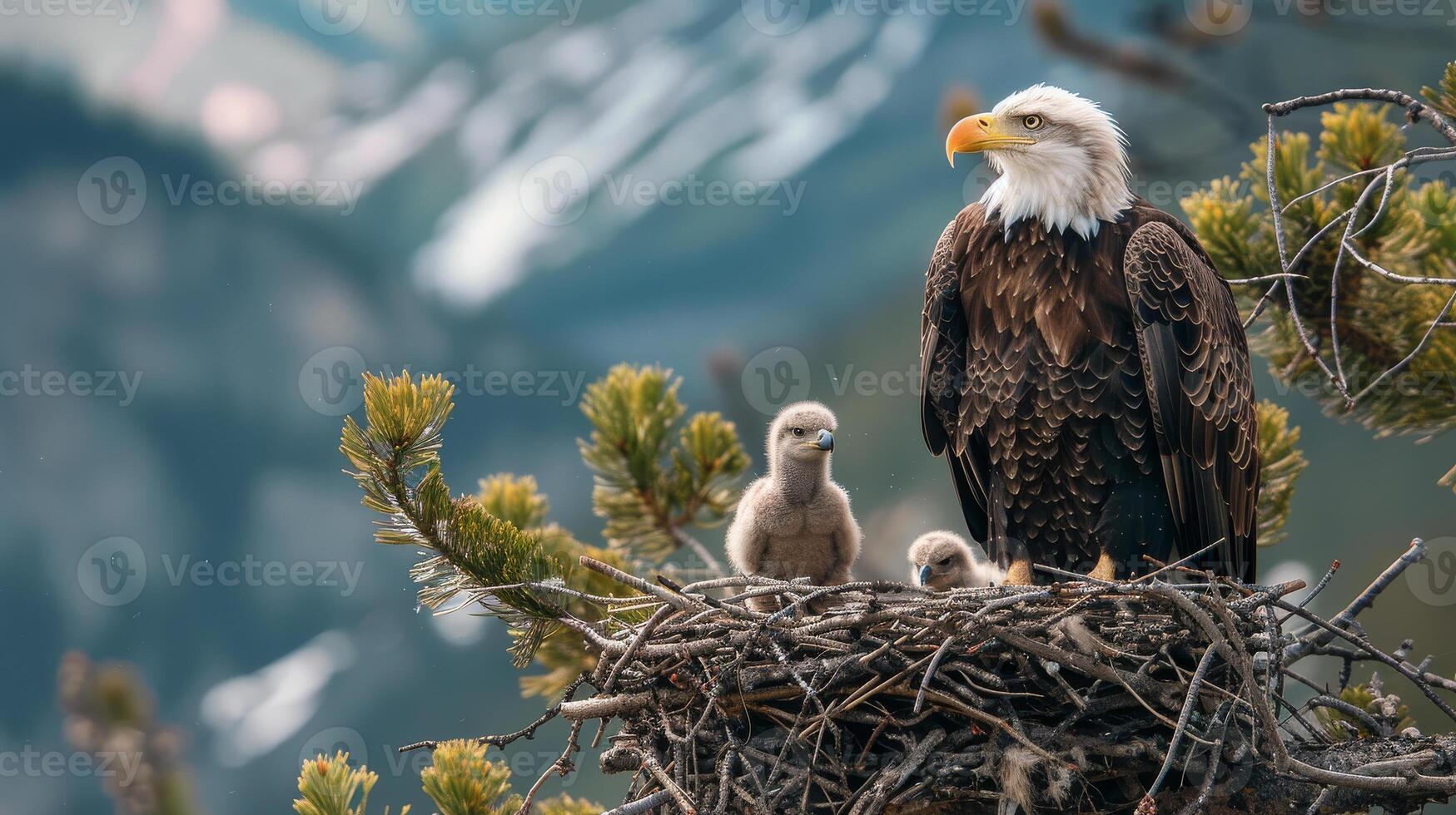 Bald eagle with chick in the nest on mountain background photo