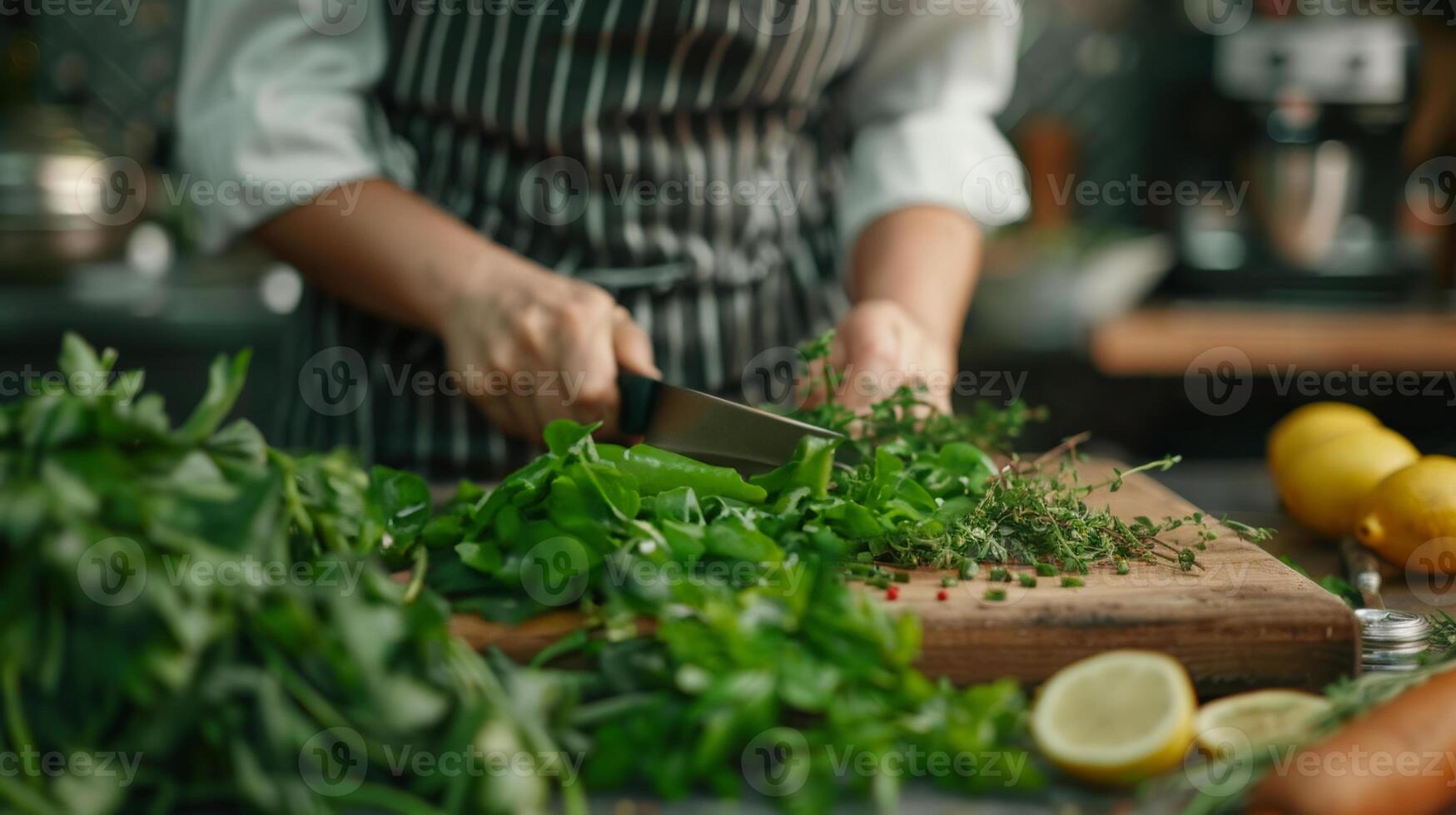 Female chef chopping vegetables and greens on a kitchen. Prepare healthy meal. Organic ingredients for vegetarian dinner, Style of soft focus. Ecological products. photo