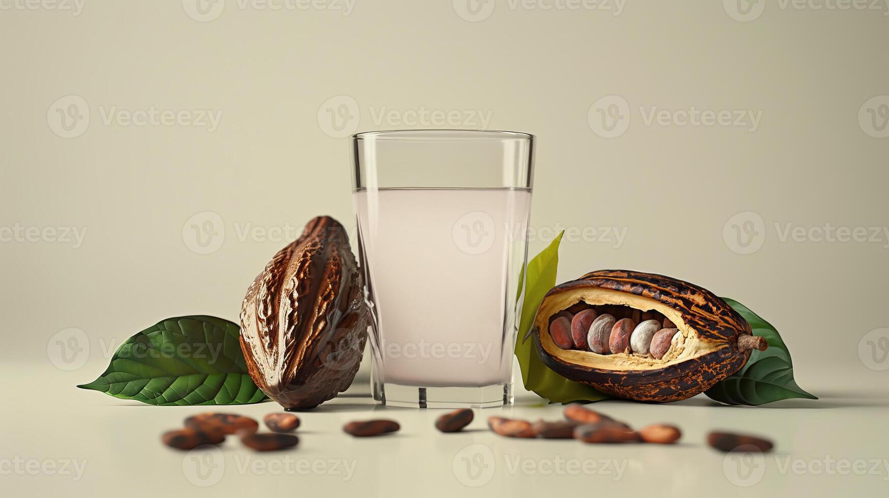 Fresh cacao water in glass and cacao pods with cocoa beans background photo