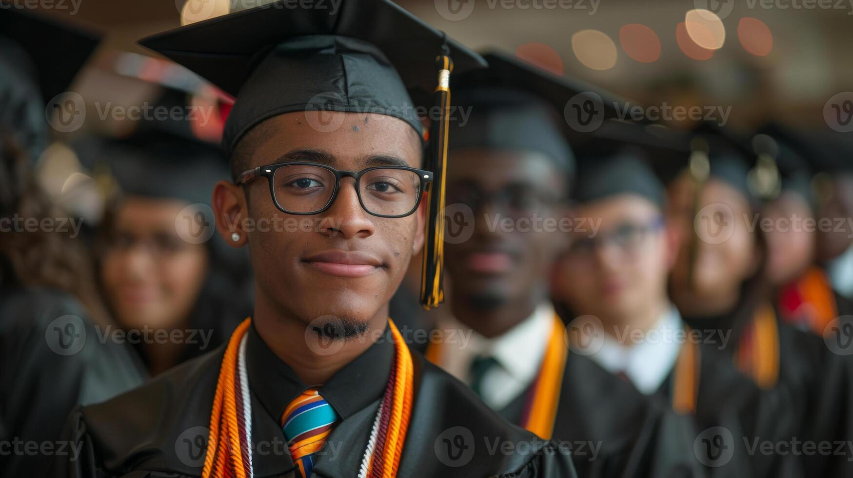 African young student at graduation ceremony wearing in caps and gowns, blurred people on the background photo