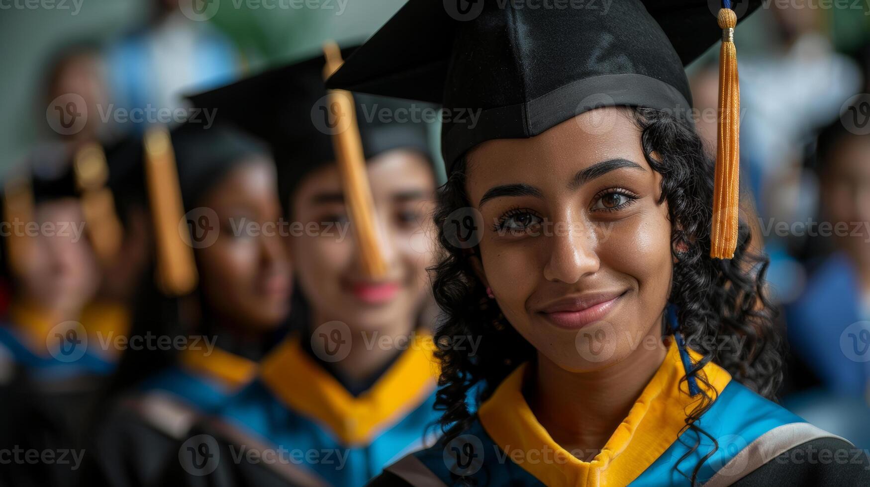 retrato de joven mujer vistiendo su graduación vestidos y tapas durante el ceremonia. foto