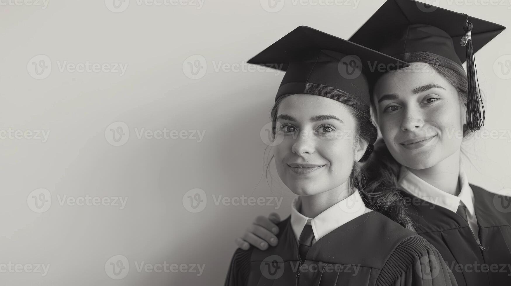 wo young woman students hugging on graduation ceremony. Joyful friends celebrating the end of school, retro black and white color photo