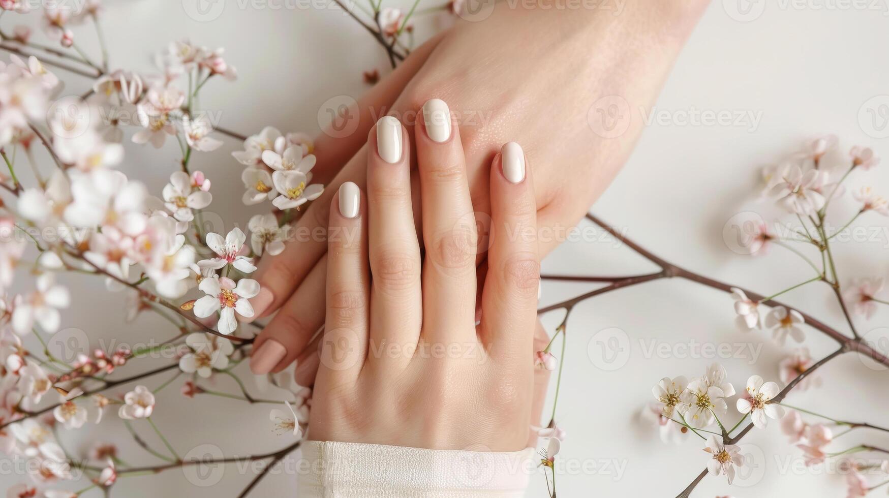 Beautiful Womans hands with minimalist manicure on white background with blossom flowers. photo