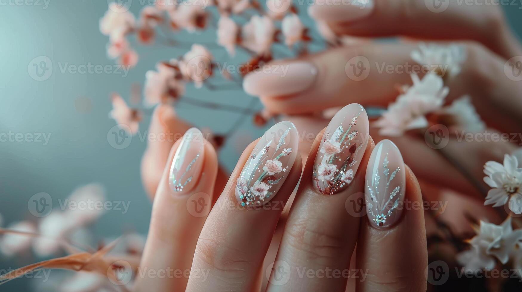 Spring theme nails art design. woman's hands with pretty floral manicure. photo
