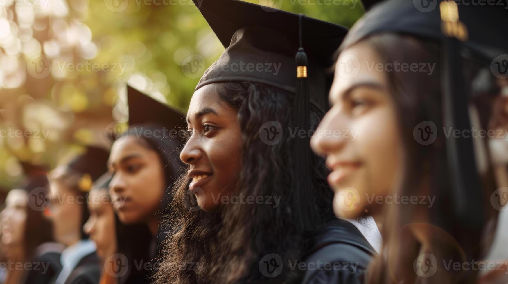 de cerca retratos de multicultural graduados en colegio vistiendo su graduación vestidos y tapas durante el ceremonia. foto