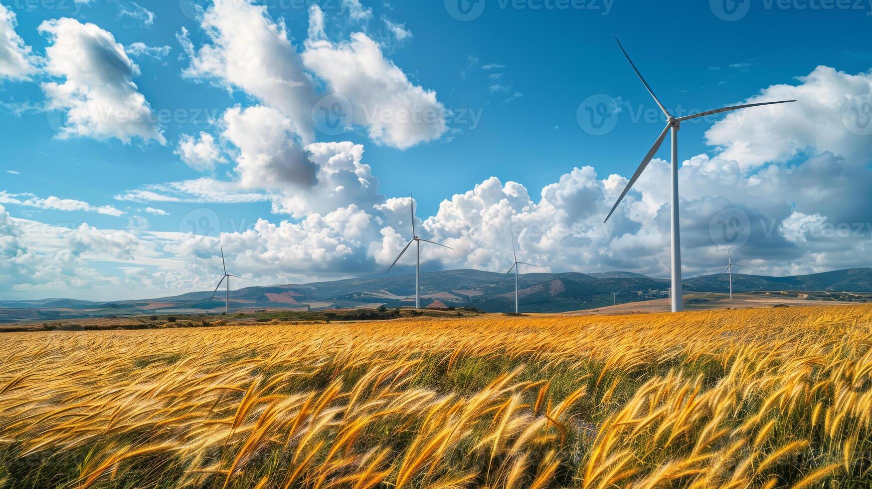 Eco-friendly landscape with wind turbines. Renewable energy photo