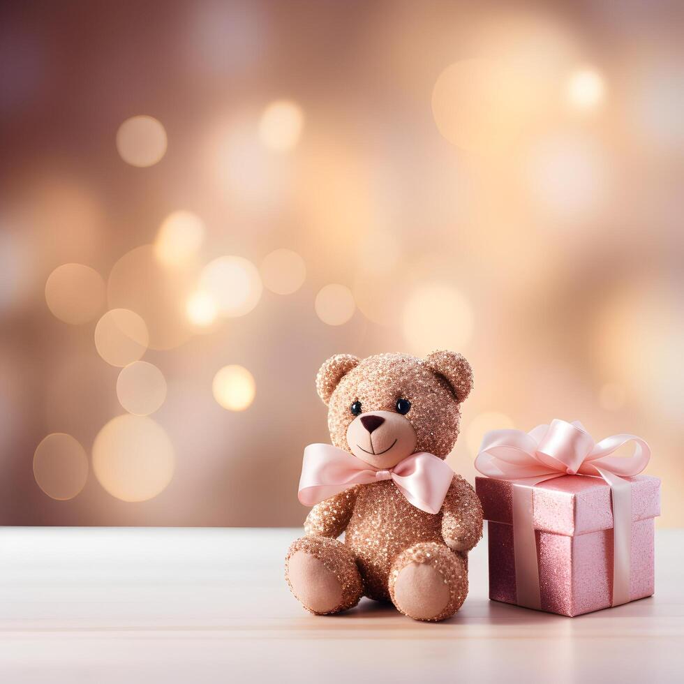 Teddy Bear and pink gist box, background with copy space photo