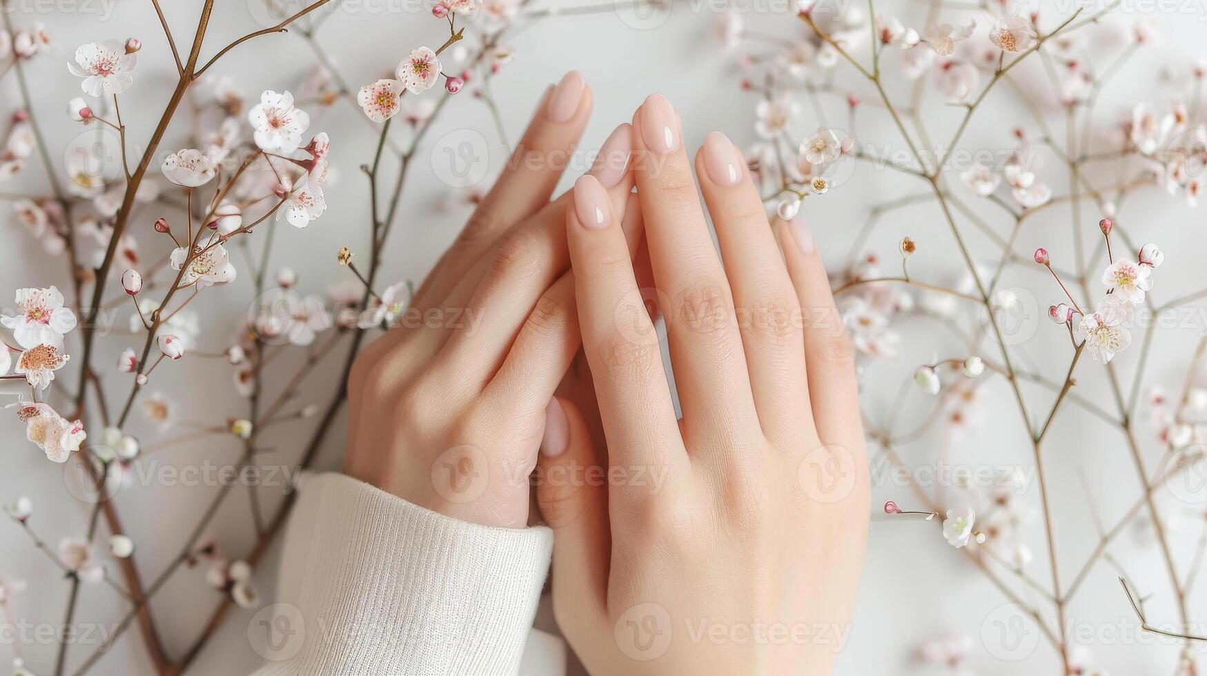 Beautiful Womans hands with minimalist manicure on white background with blossom flowers. photo