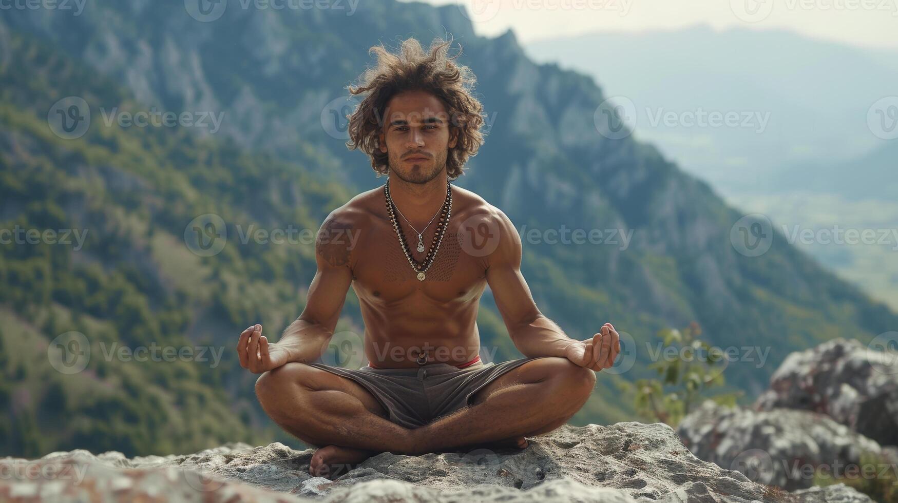 A middle-aged Latin man practicing yoga in the mountains. Meditation in nature. Mental health photo