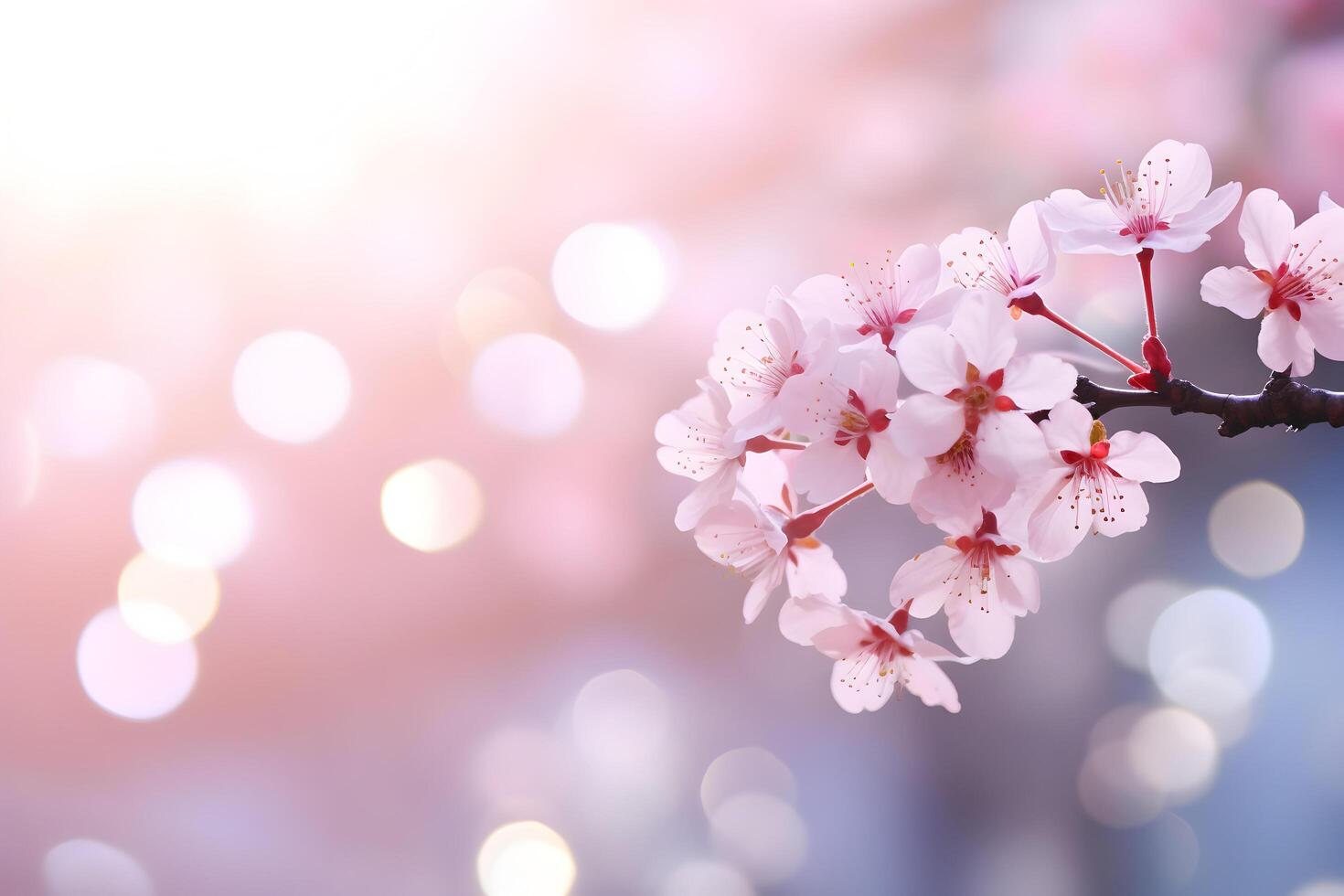 Pink bokeh spring fackground with cherry flowers, copy space photo