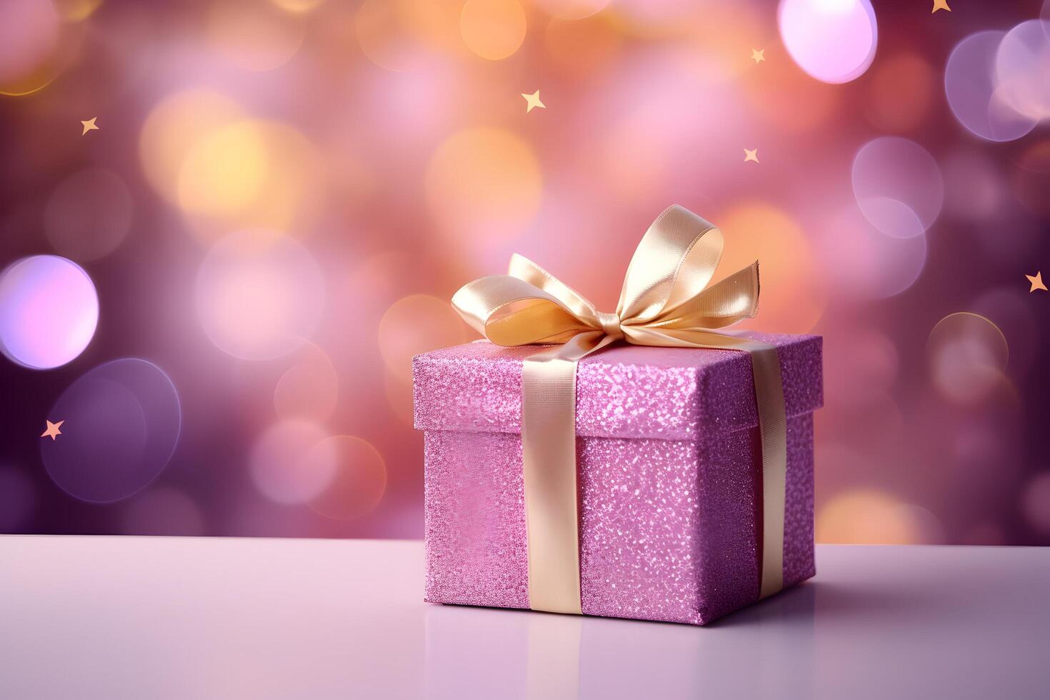Pink gift box with a bow, on bokeh background with copy space photo