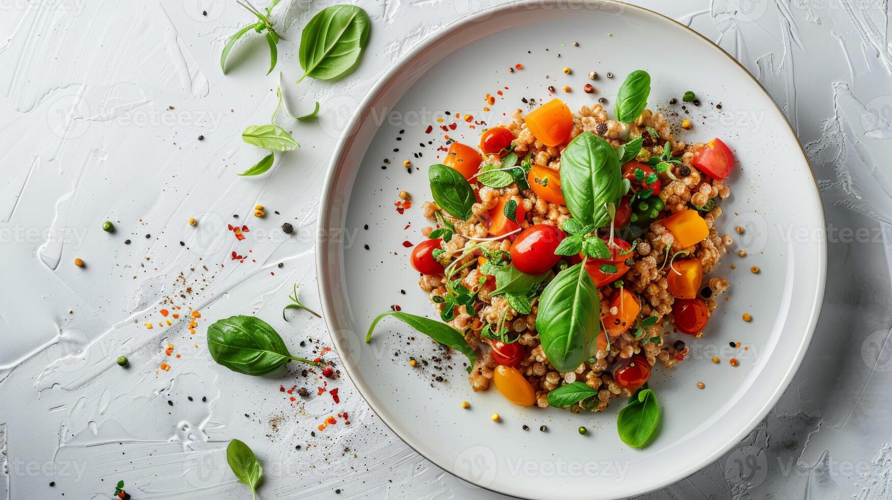 Boiled buckwheat with tomato and greens. Gluten free superfood. Healthy vegan food concept photo