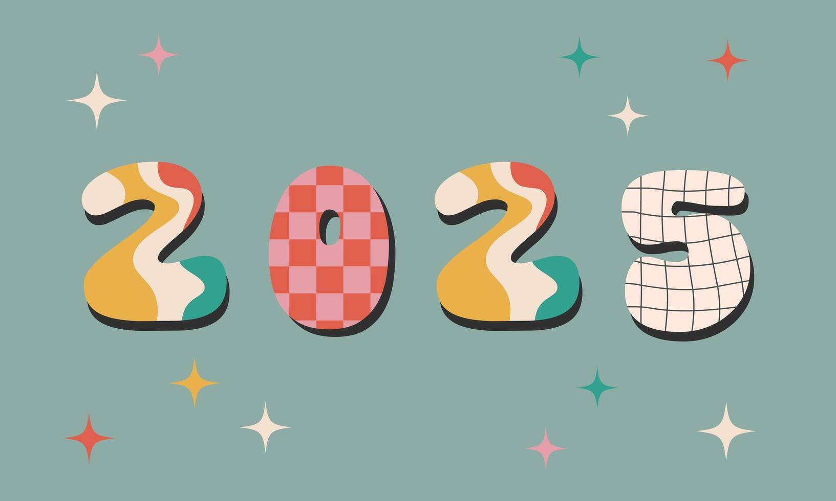 2025 Happy New Year logo text design. Set of 2025 number design template.Colorful vintage 70s greeting card, sticker, banner,print. Christmas groovy poster text 2025. illustration EPS 10 vector