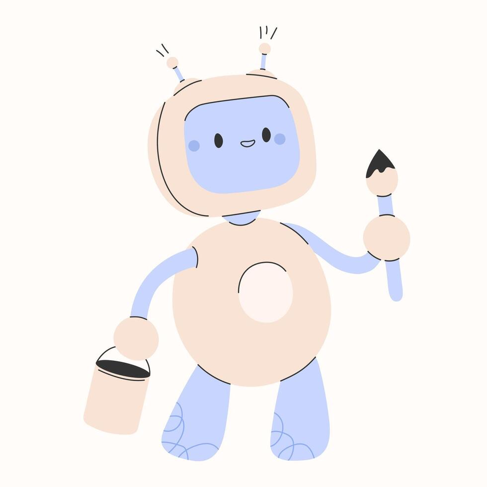 Cute artificial intelligence robot with paint and brush.Robotic character mascot.AI draws pictures,generates illustrations for designer,ai creates illustrations. illustration EPS 10 vector