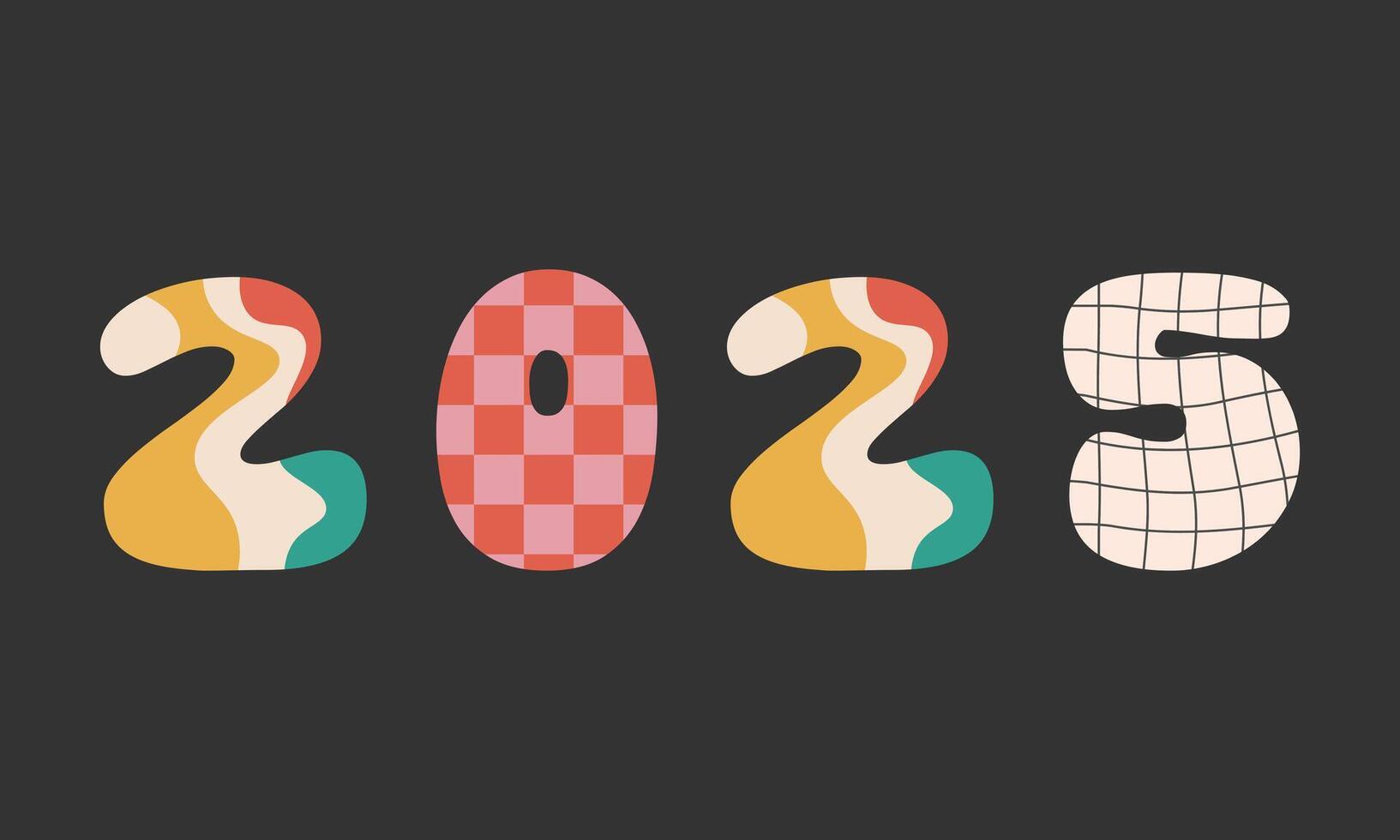 2025 contento nuevo año logo texto diseño. conjunto de 2025 número diseño plantilla.colorida Clásico 70s saludo tarjeta, pegatina, pancarta, impresión. Navidad maravilloso póster texto 2025. ilustración eps 10 vector