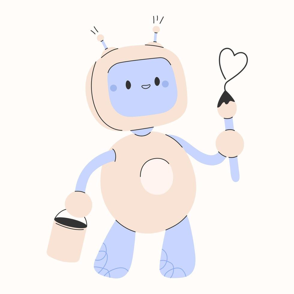 Cute artificial intelligence robot with paint and brush.Robotic character mascot.AI draws pictures,generates illustrations for designer,ai creates illustrations. illustration EPS 10 vector