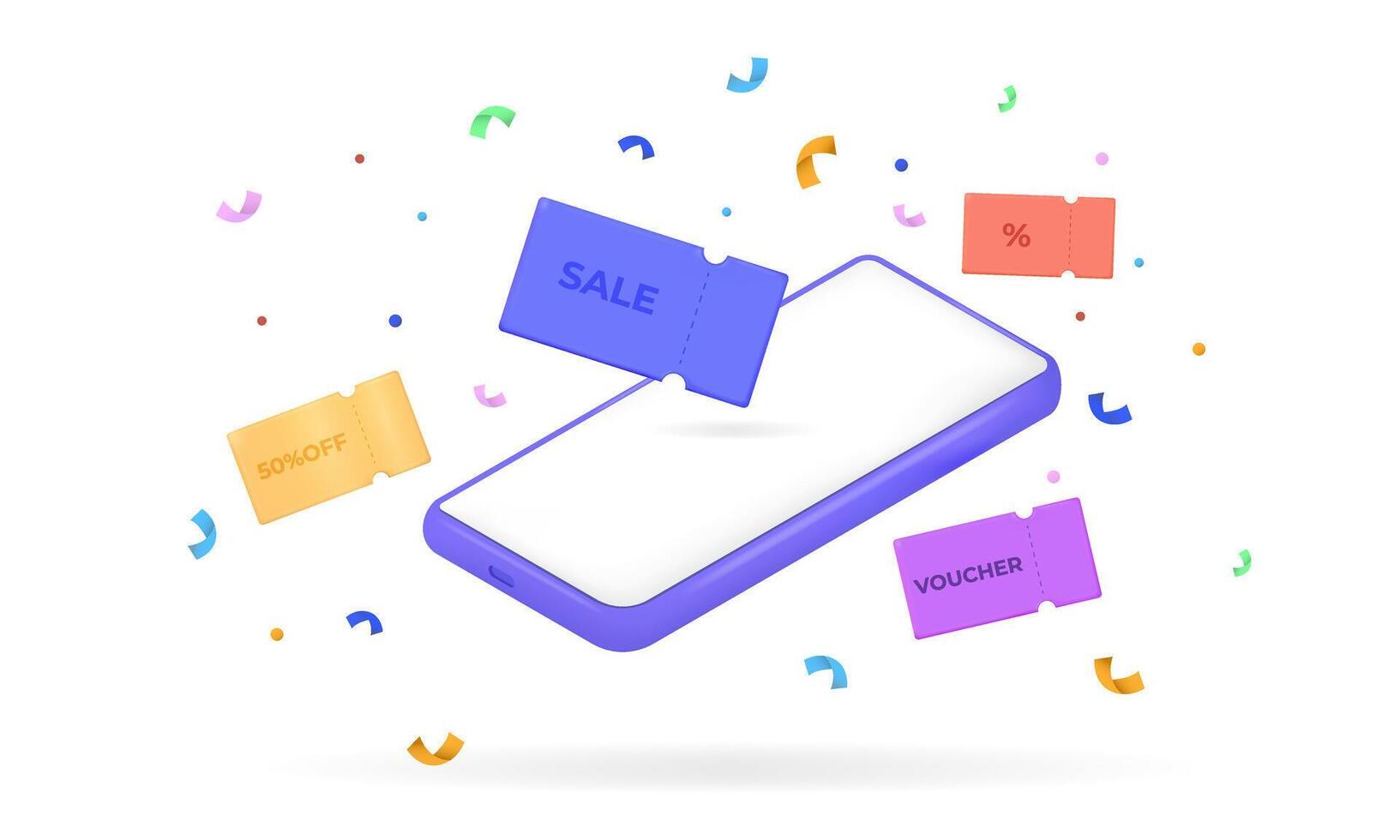 Smartphone with sale coupons,voucher.Discount tickets,special offer promotion isolated on transparent background.Black Friday,Online payment,Business and finance concept. illustration EPS 10 vector