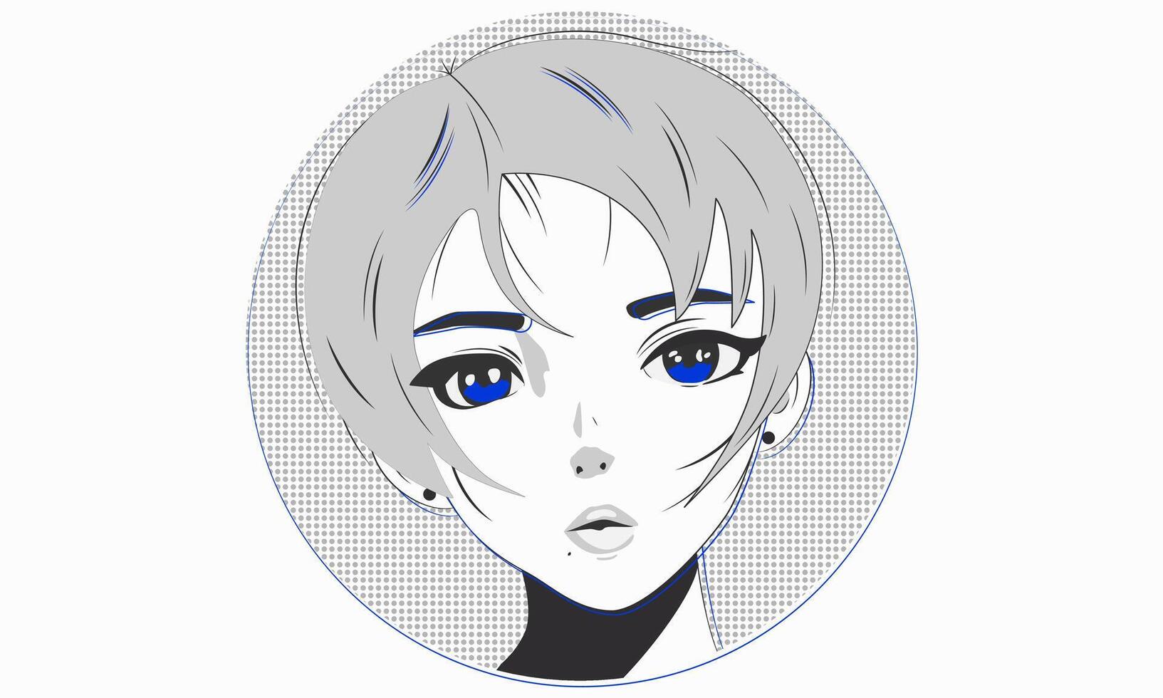 Anime girl watching. Cute manga character with short hair.Japanese hand drawn style.Beautiful young woman face with big eyes in manga style. T-shirt japan print EPS 10 vector