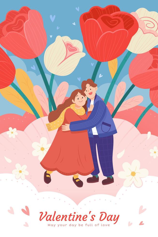 Valentine's day greeting card design. Young couple embracing each other with big flowers in the background. Flat illustration. vector