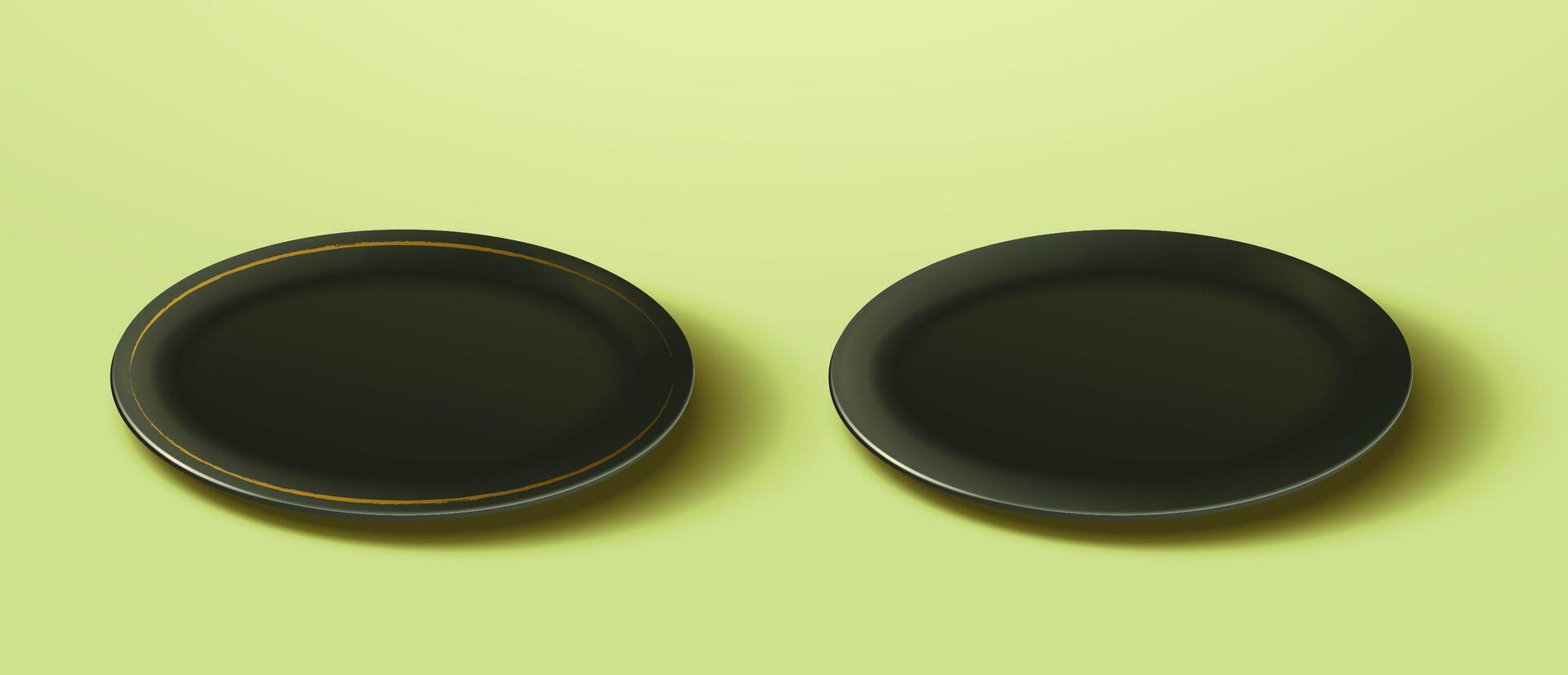 3D Illustration of two empty round black plates isolated on a light green background. One plate is patterned with a golden line and the other is plain vector