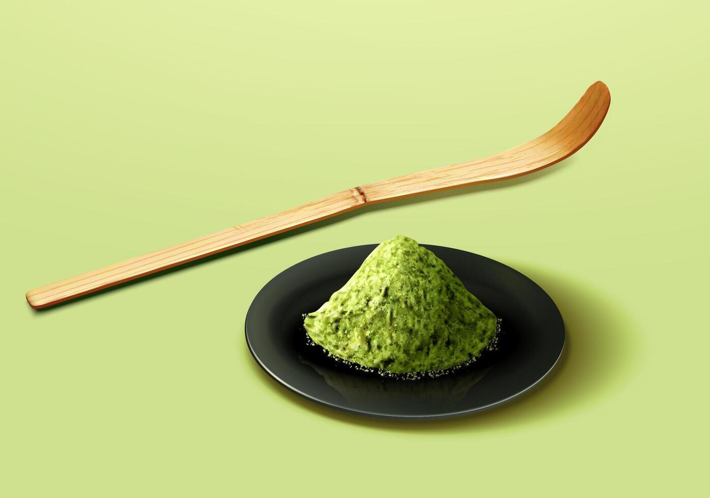 3D Illustration of matcha powder on black plate and a tea scoop made of bamboo isolated on a light green background. Elements for Japanese tea ceremony utensils vector