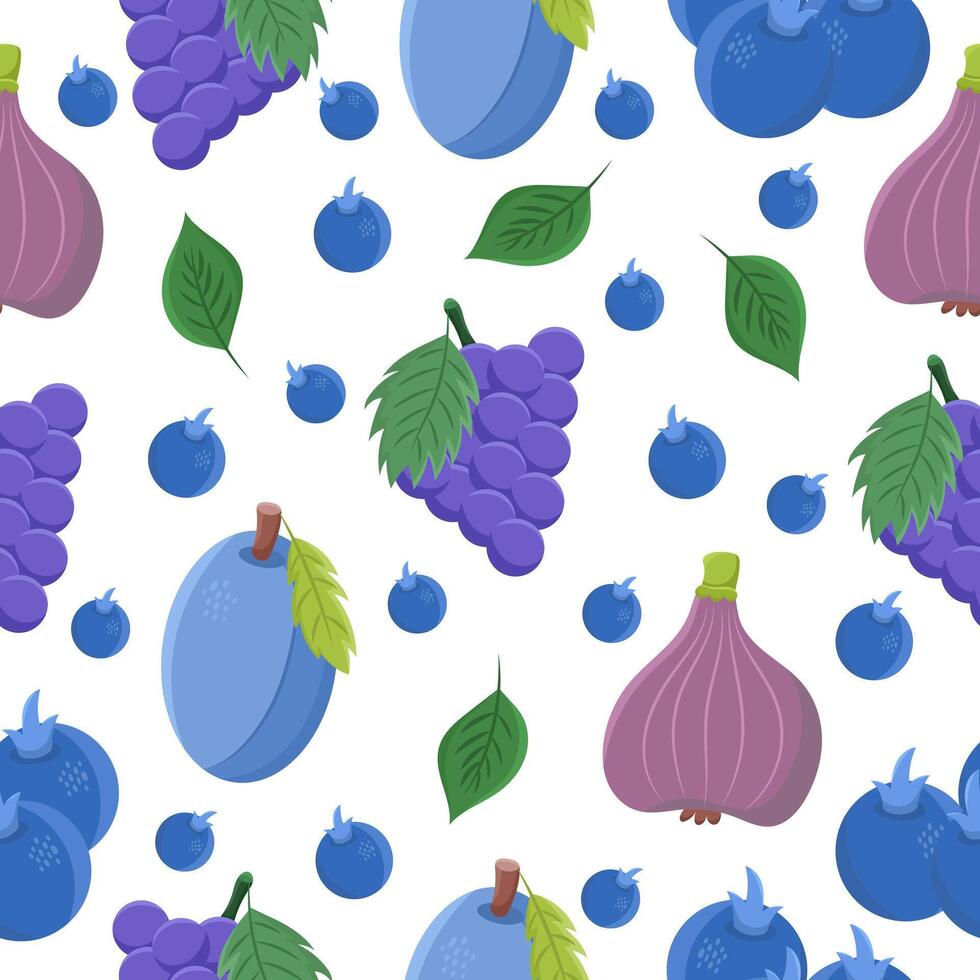 Seamless pattern or background with fruits - grapes, plums, figs, blueberries on a white background. vector