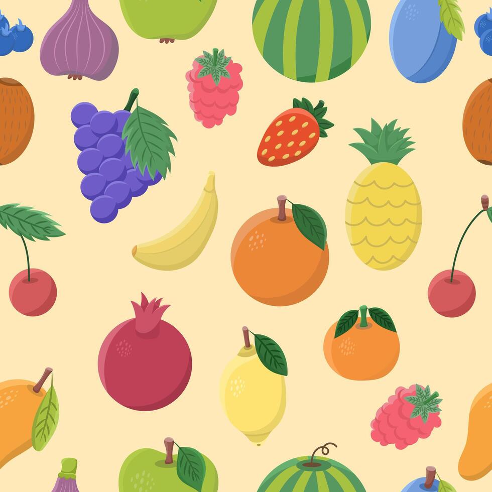 Seamless pattern with different fruits - apple, raspberry, pear, strawberry, mango, banana, plum, blueberry and others. vector
