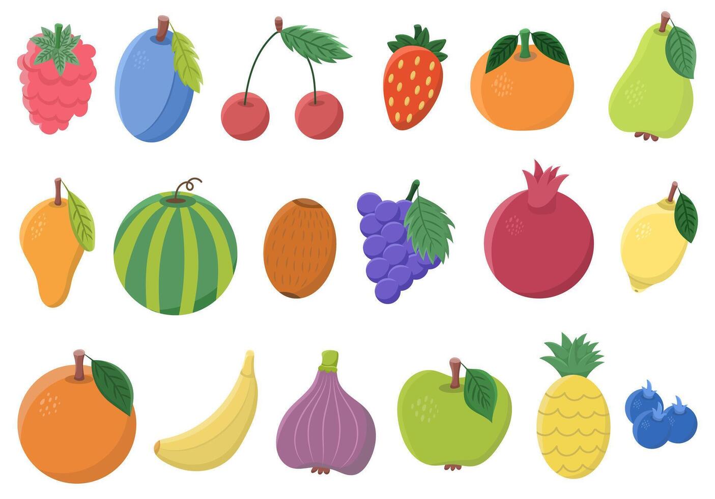 un grande conjunto de íconos de diferente frutas - banana, fresa, ciruela, cereza, frambuesa, Mandarina, pera, mango, granada, higo, naranja y otros. vector