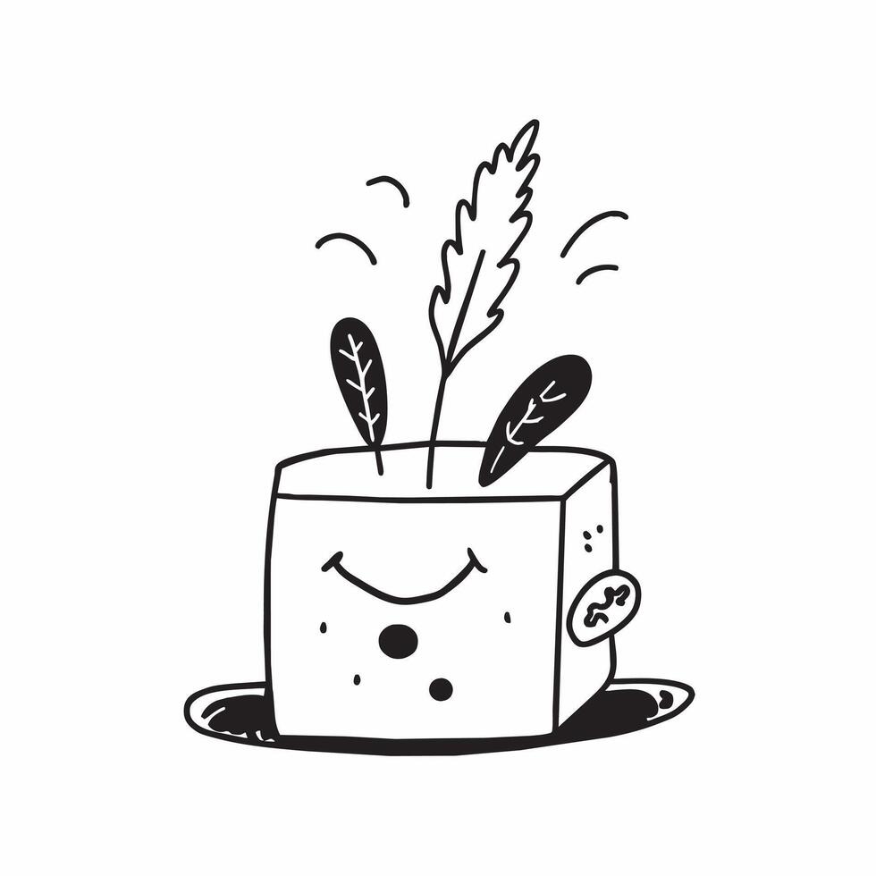 Monochromatic art of a rectangular cup with a plant emerging from it vector