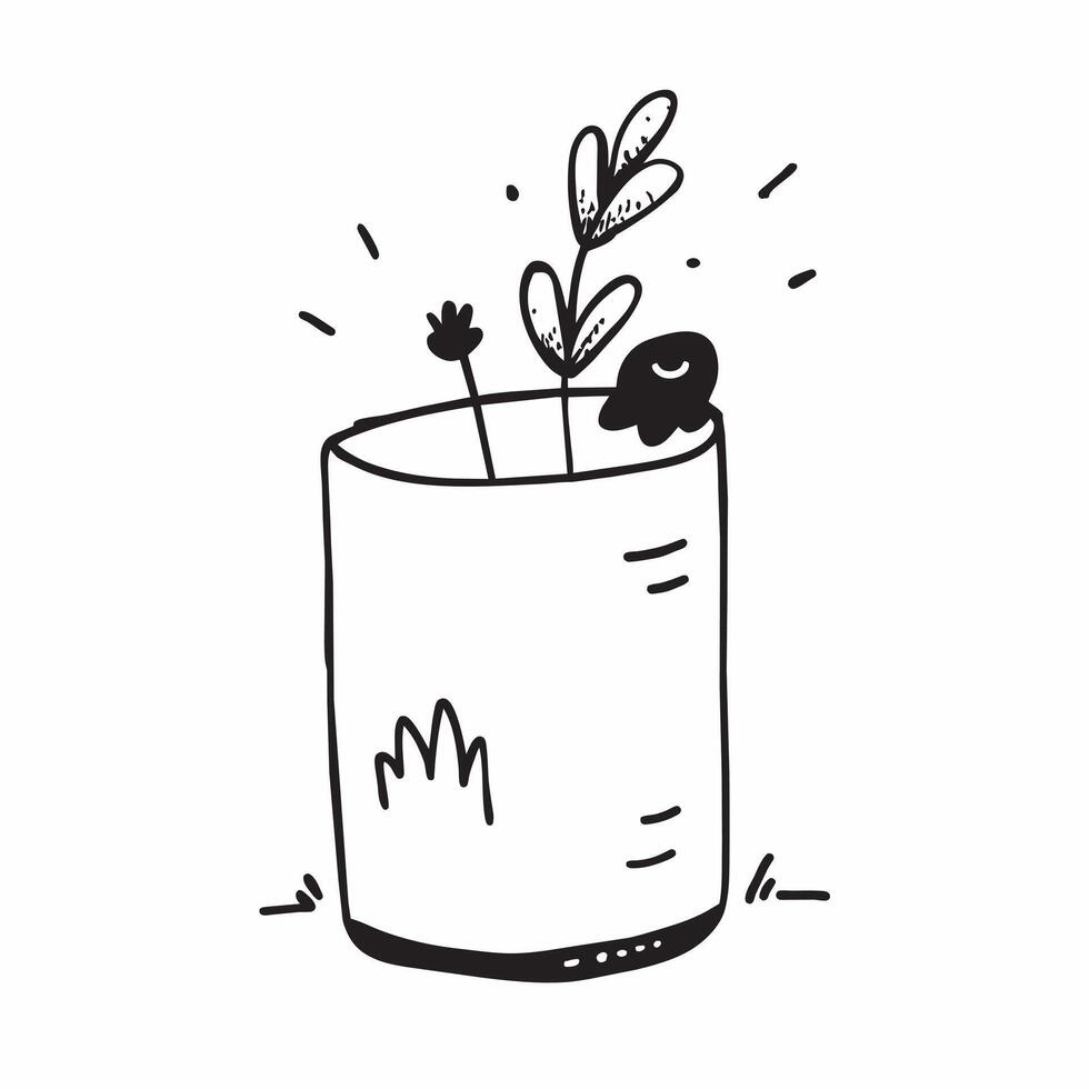 Monochrome artwork of a liquid filled cup with plants sprouting from it vector