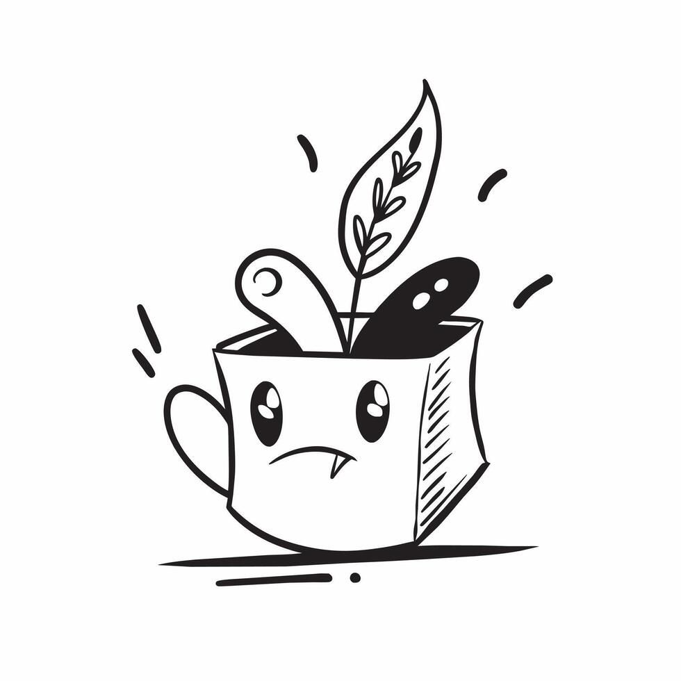 Illustration of a cup with a plant growing, black and white, on a rectangle vector