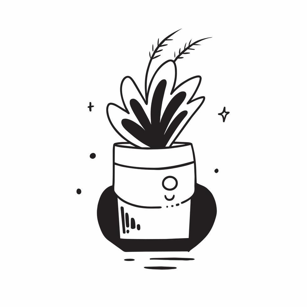 Monochrome art of a potted plant with intricate details and fluid gesture vector