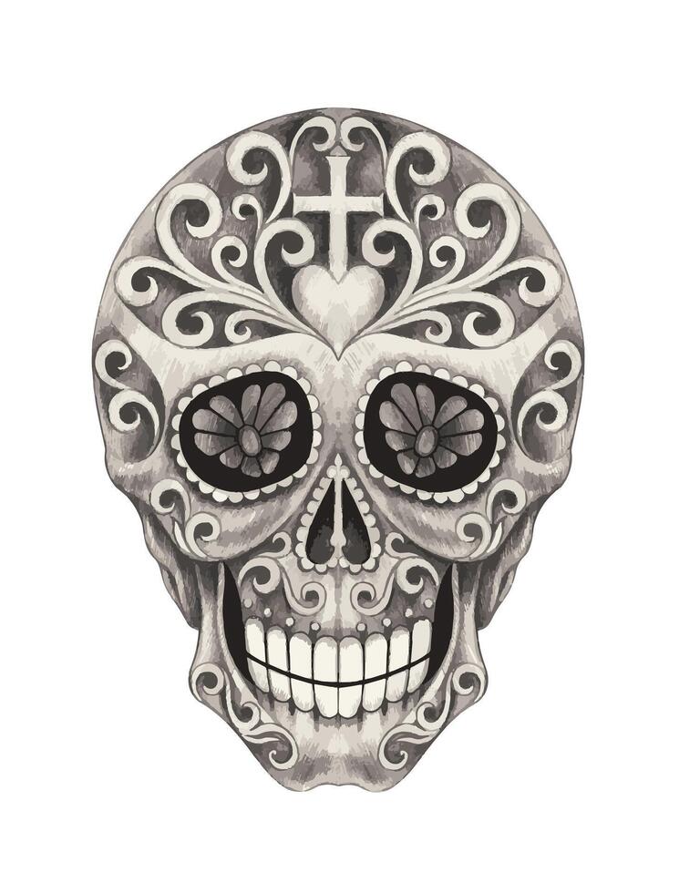 Sugar skull day of the dead design by hand drawing on paper. vector