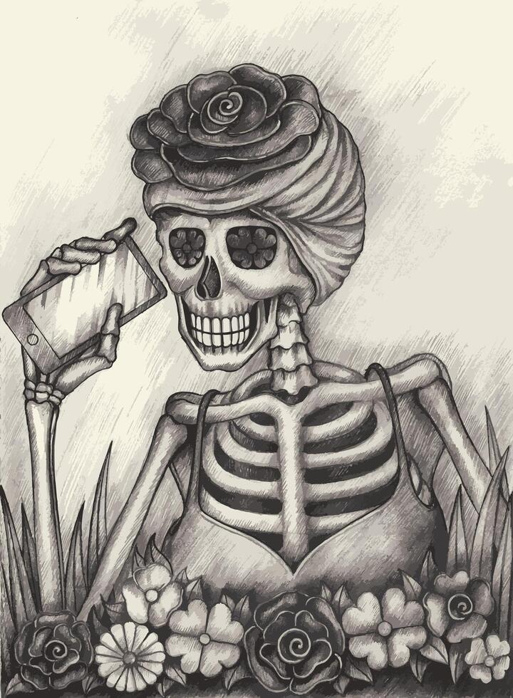 Sugar skull fashion model day of the dead design by hand drawing on paper. vector