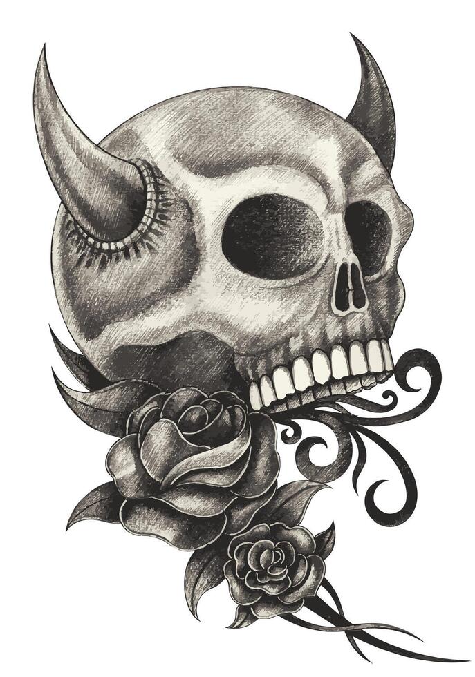 Demon skull tattoo design by hand drawing on paper. vector