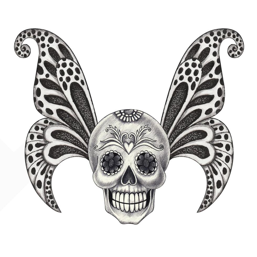 Skull tattoo fantasy art design by hand drawing on paper. vector