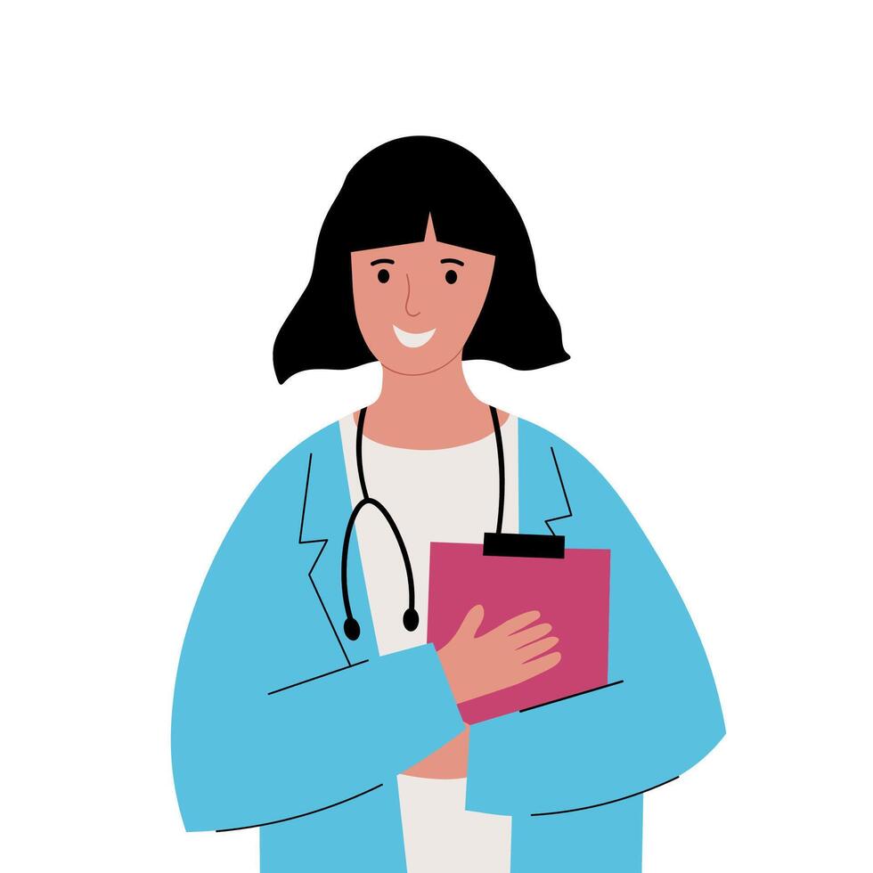 médico mujer con tableta y estetoscopio, dibujado ilustración. dibujos animados médico personaje en médico uniforme en aislado antecedentes. paramédico, ginecólogo, familia médico. salud y medicina vector