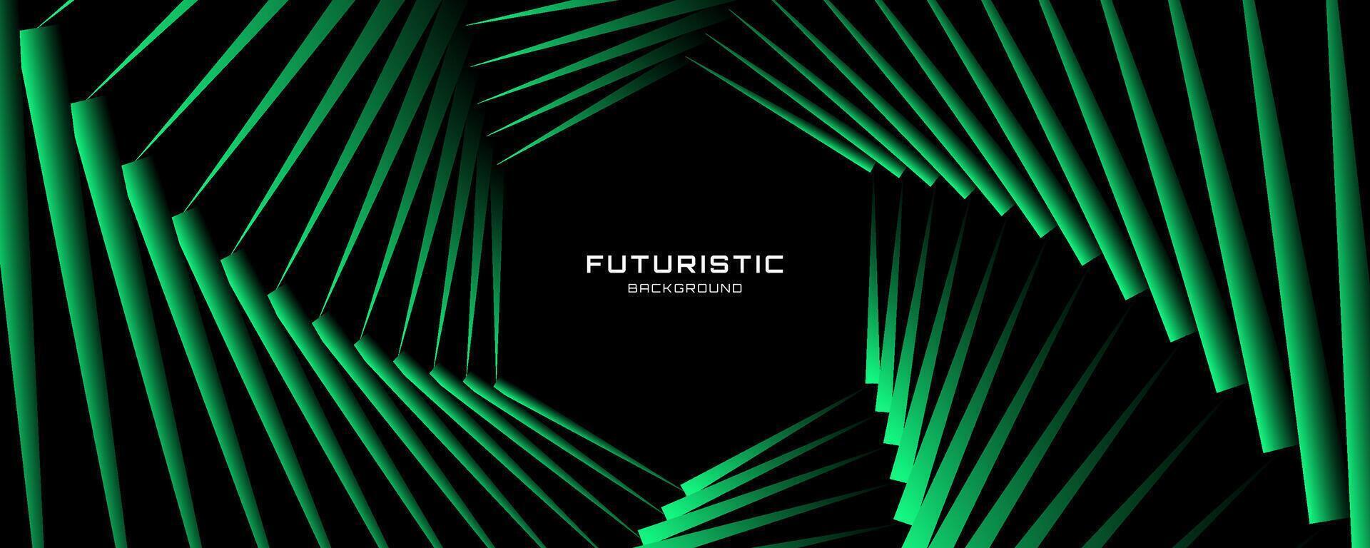 3D green black dynamic techno background on dark space. Tech banner with rotating hexagons style decoration. Modern graphic design element. Motion lines concept for web, flyer, card, or brochure cover vector