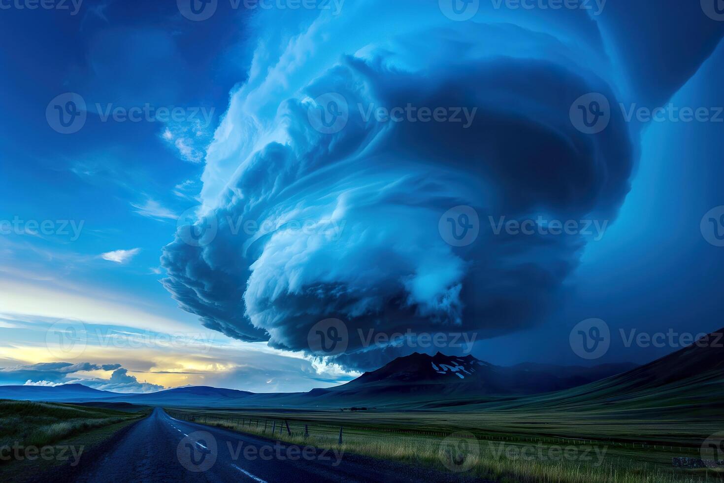 A large cloud hangs dramatically over a road in the sky. photo