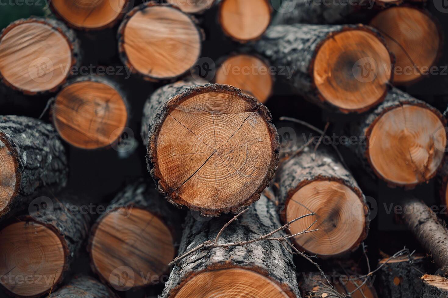 A group of cut logs from poplar trees arranged in a pile next to each other. photo