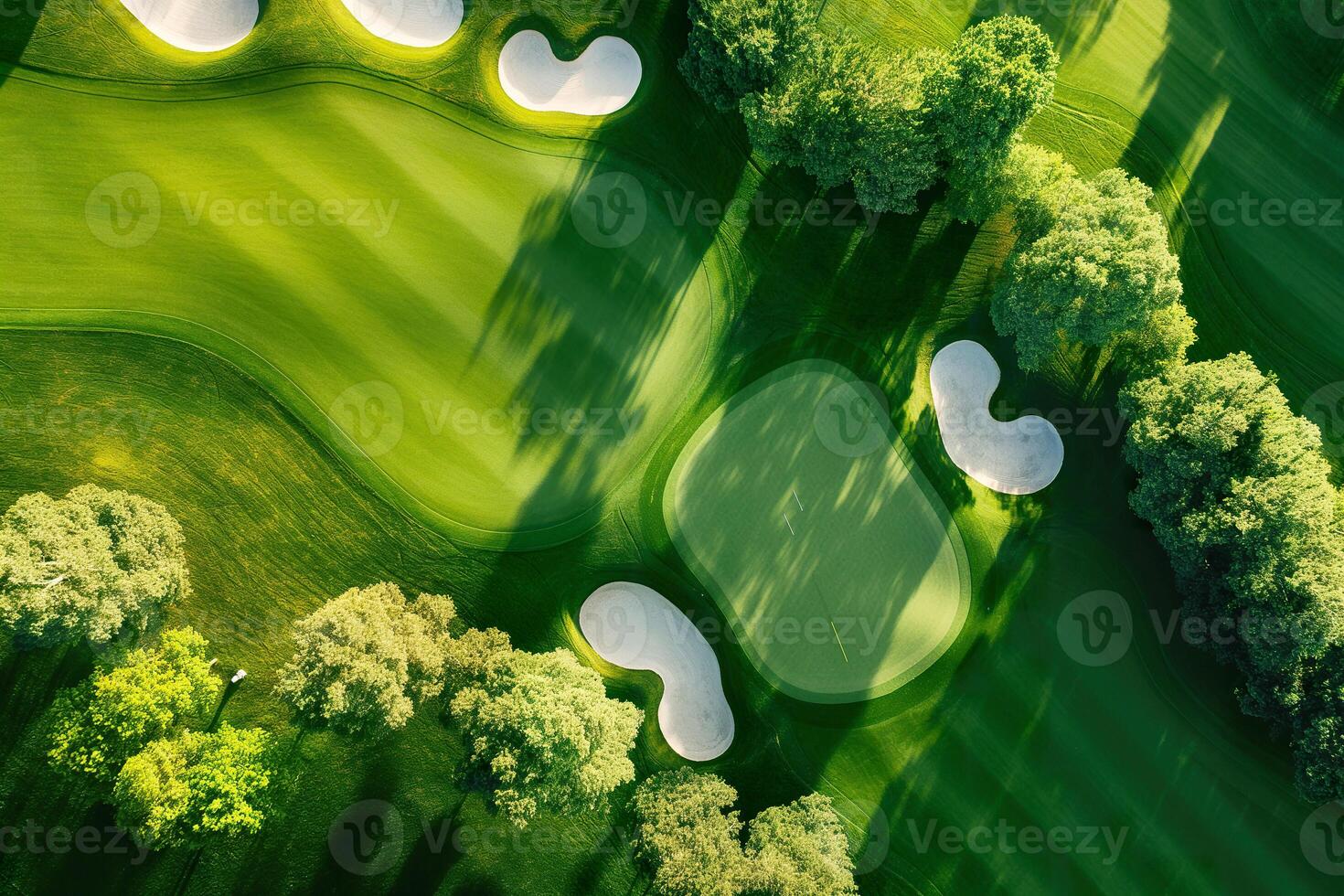 A top-down perspective of a lush green golf course with fairways, bunkers, and putting greens under clear skies. photo