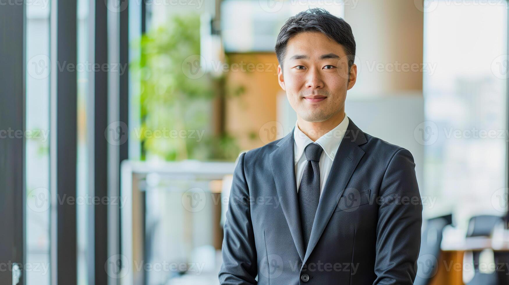 joven japonés empresario en traje en frente de borroso oficina antecedentes foto