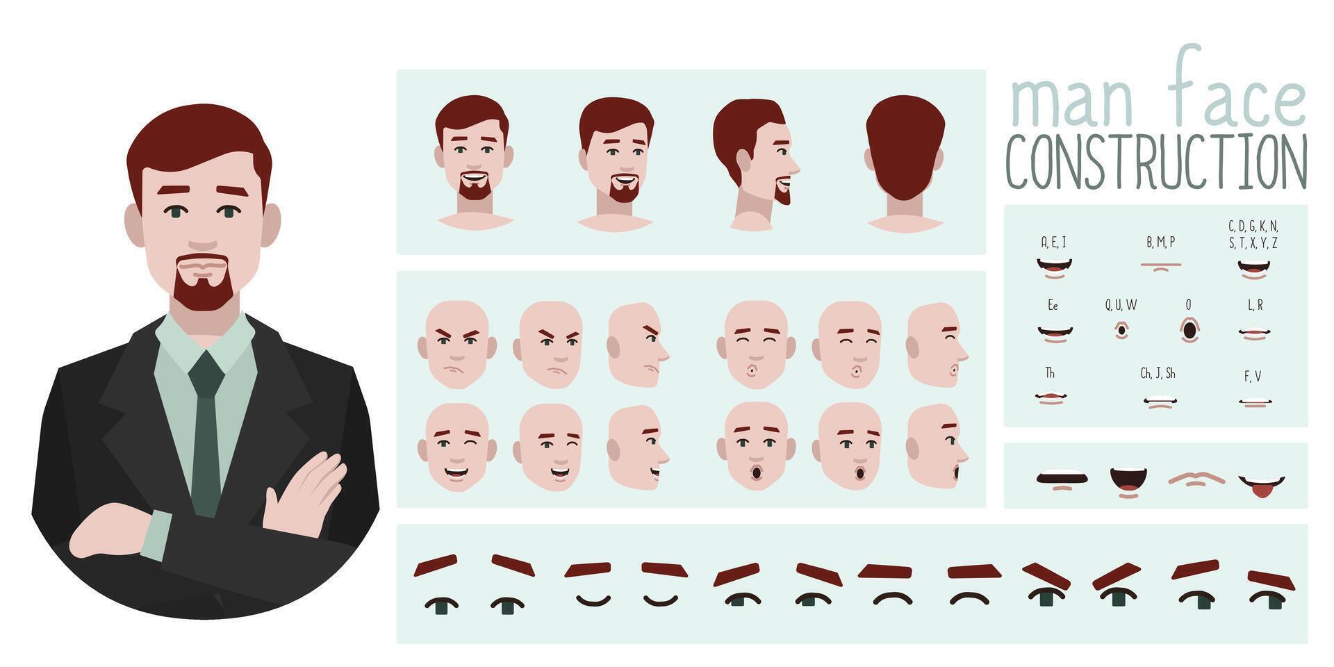 Business man avatar creation suitable for animation. Generator, constructor of diverse views of eyes, lips, emotion expressions mouth animation and lip sync. Male character face construction. vector