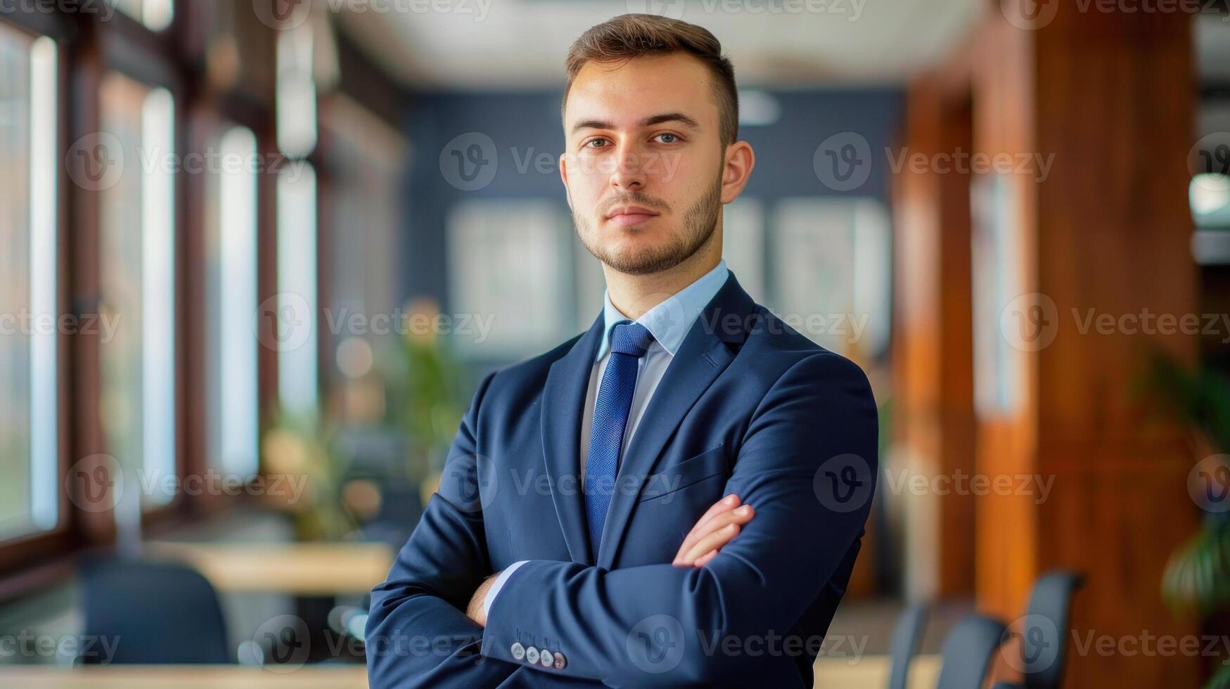 young businessman wearing a suit, blurred office background photo