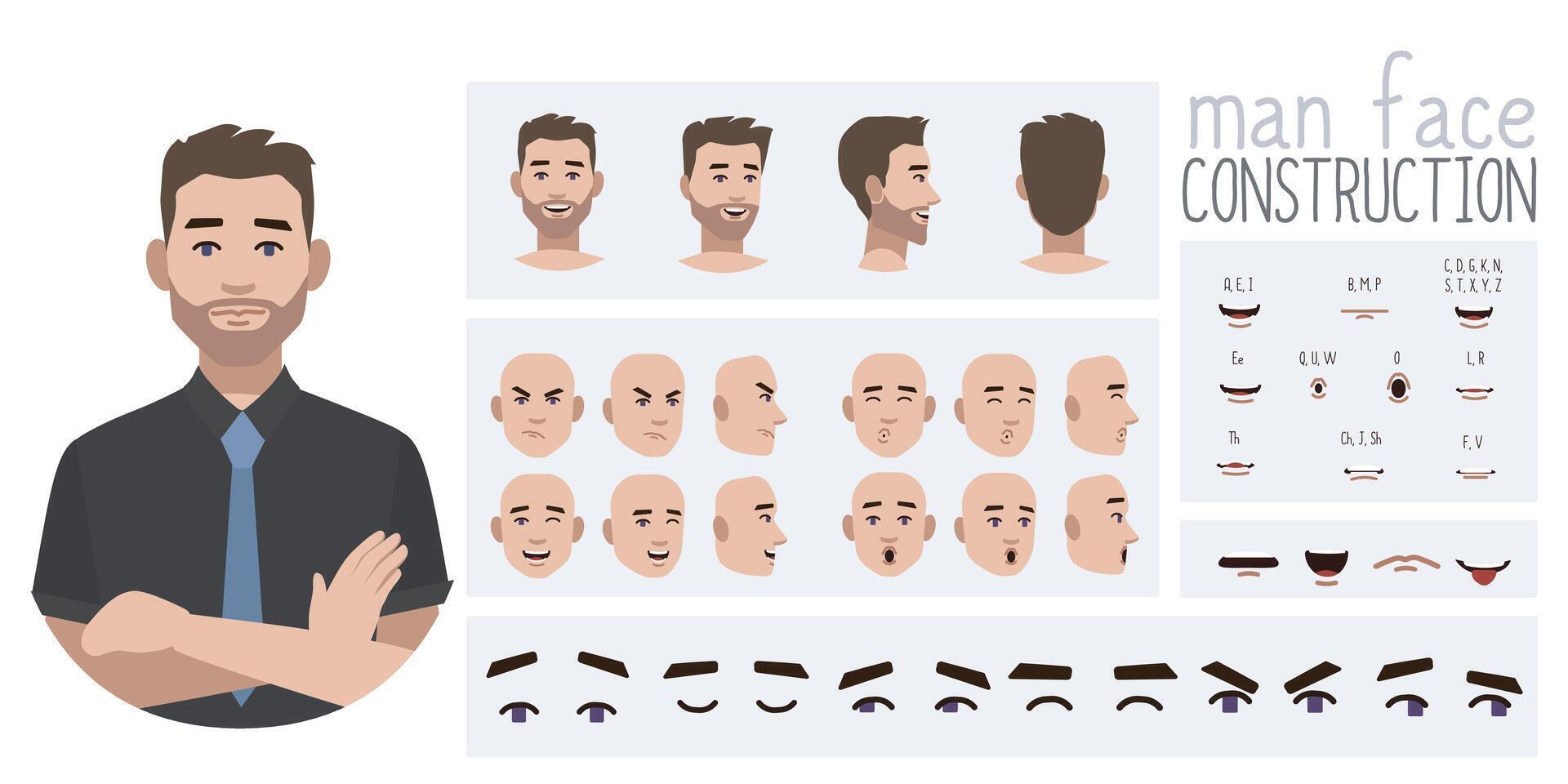 Business man avatar creation suitable for animation. Generator, constructor of diverse views of eyes, lips, emotion expressions mouth animation and lip sync. Male character face construction. vector