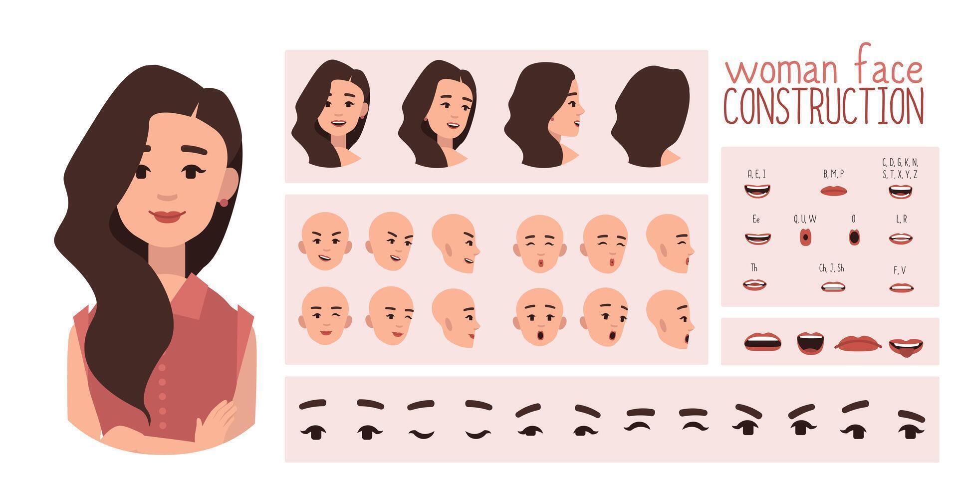 Business woman avatar creation suitable for animation. Generator, constructor of diverse views of eyes, lips, emotion expressions mouth animation and lip sync. Girl character face construction. vector